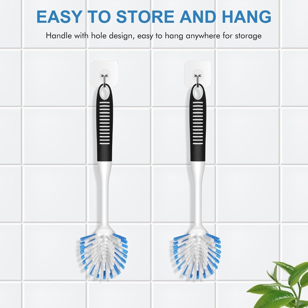 Dish Brush with Handle, 2 Pack Stiff Bristles Dish Scrubber with Built-in