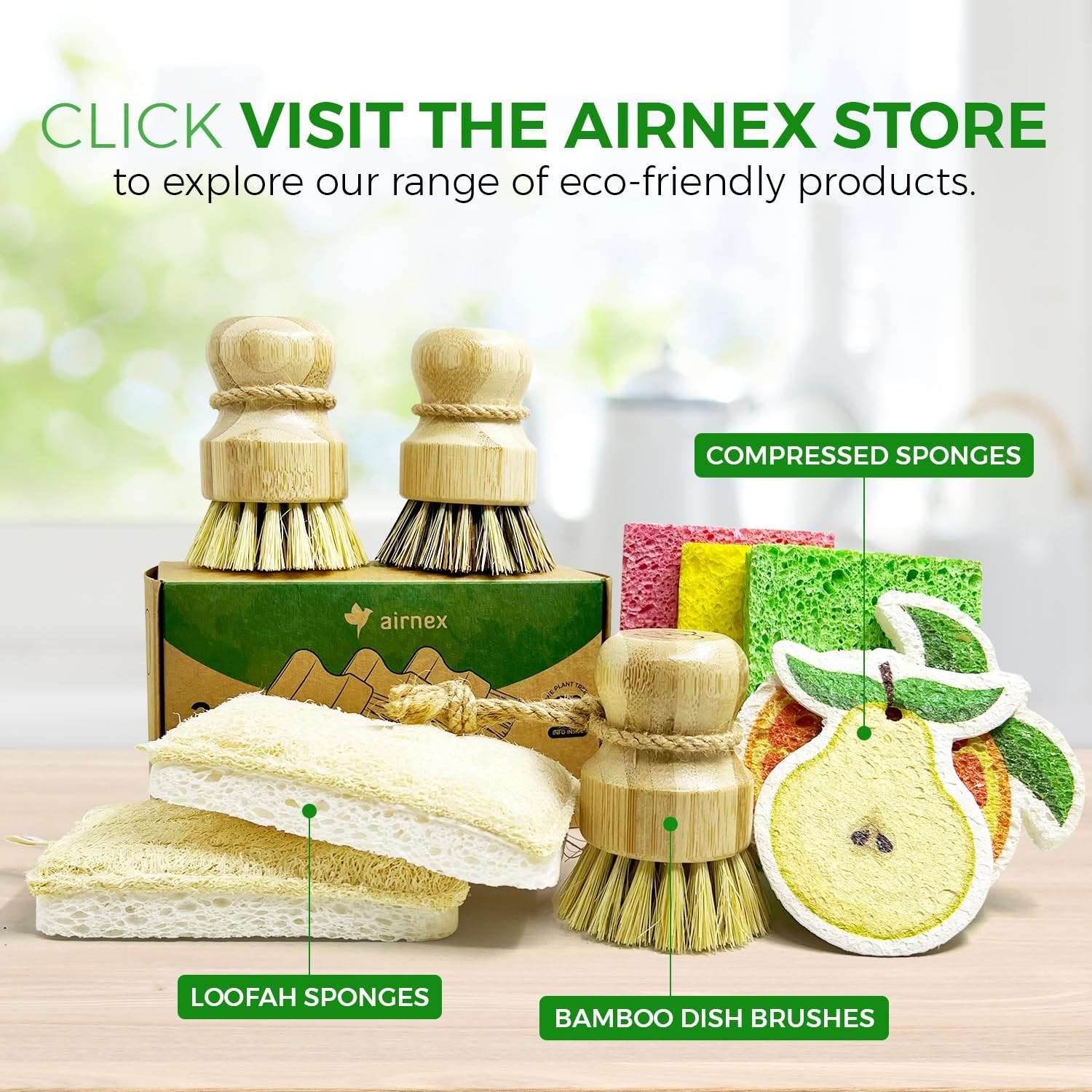 AIRNEX Bamboo Dish Brush Set of 3 – Natural Wooden 3 Pack,