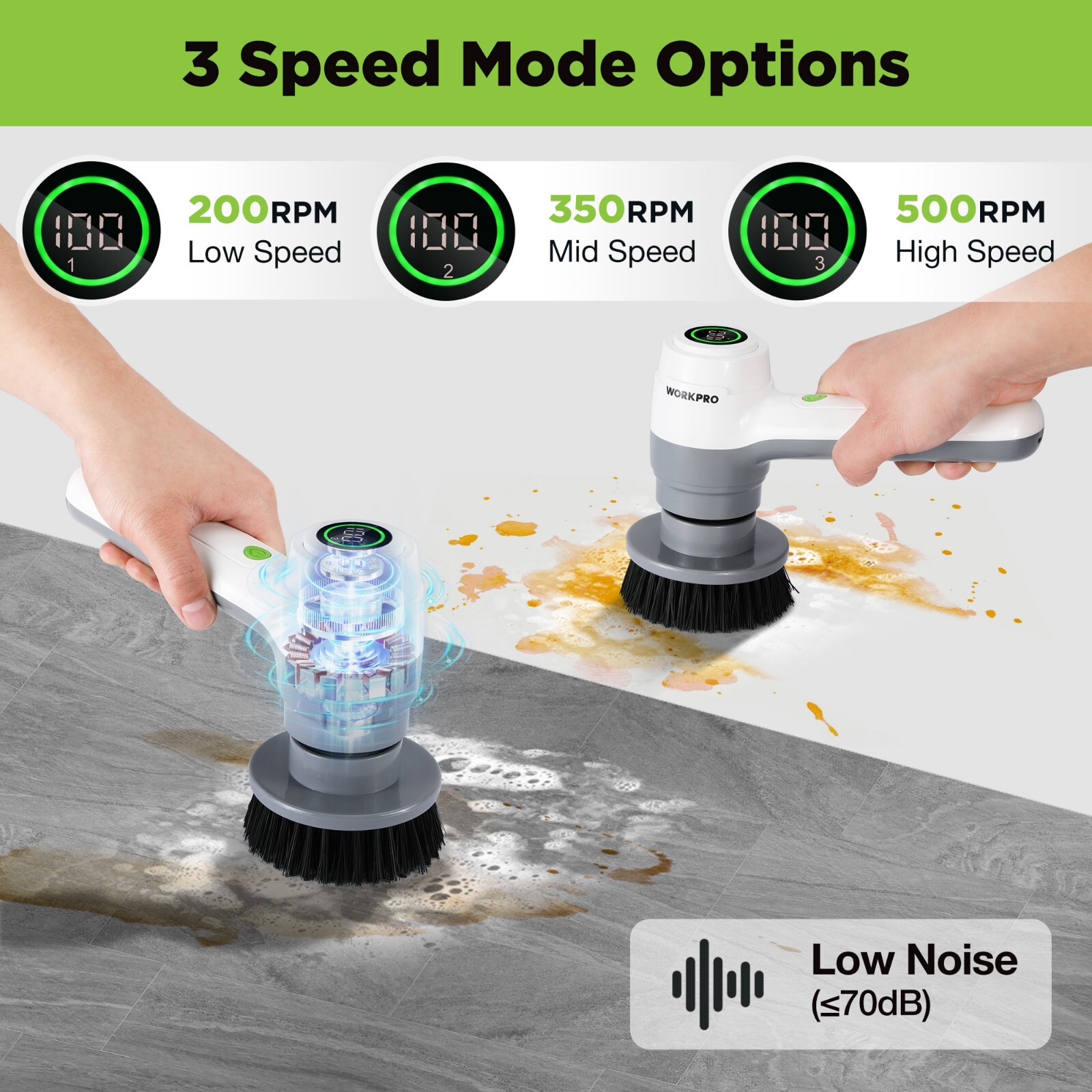 WORKPRO 8V Electric Spin Scrubber, 3-Speed Adjustable Shower Scrubber