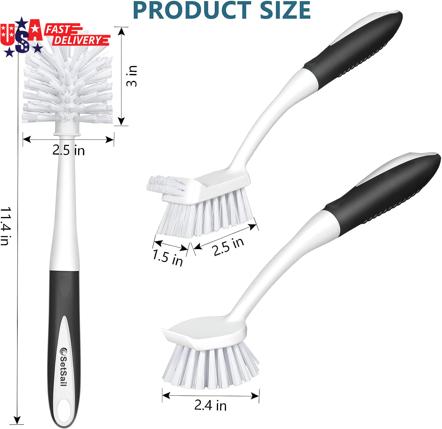 Dish Brush Set of 3 with Bottle Brush, Dish Scrub Brush with Long Handle Deep Cl