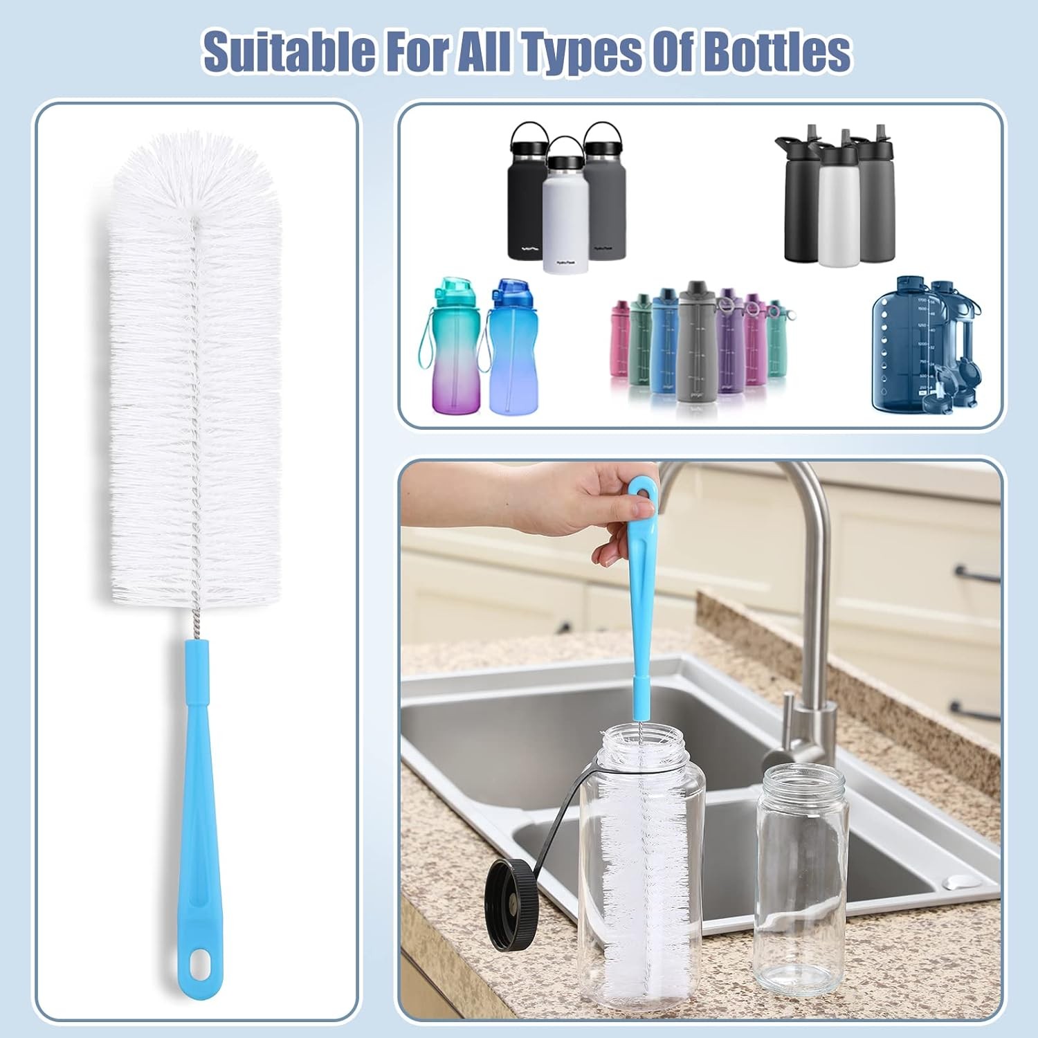 16″ Bottle Brush Cleaner for Water Bottle – Long Handle Bottle Brush for