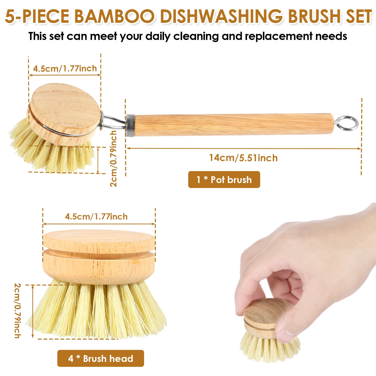 3/4/5/10Pcs Bamboo Dish Scrub Brushes Replaceable Dish Brush Kitchen Cleaning Sc