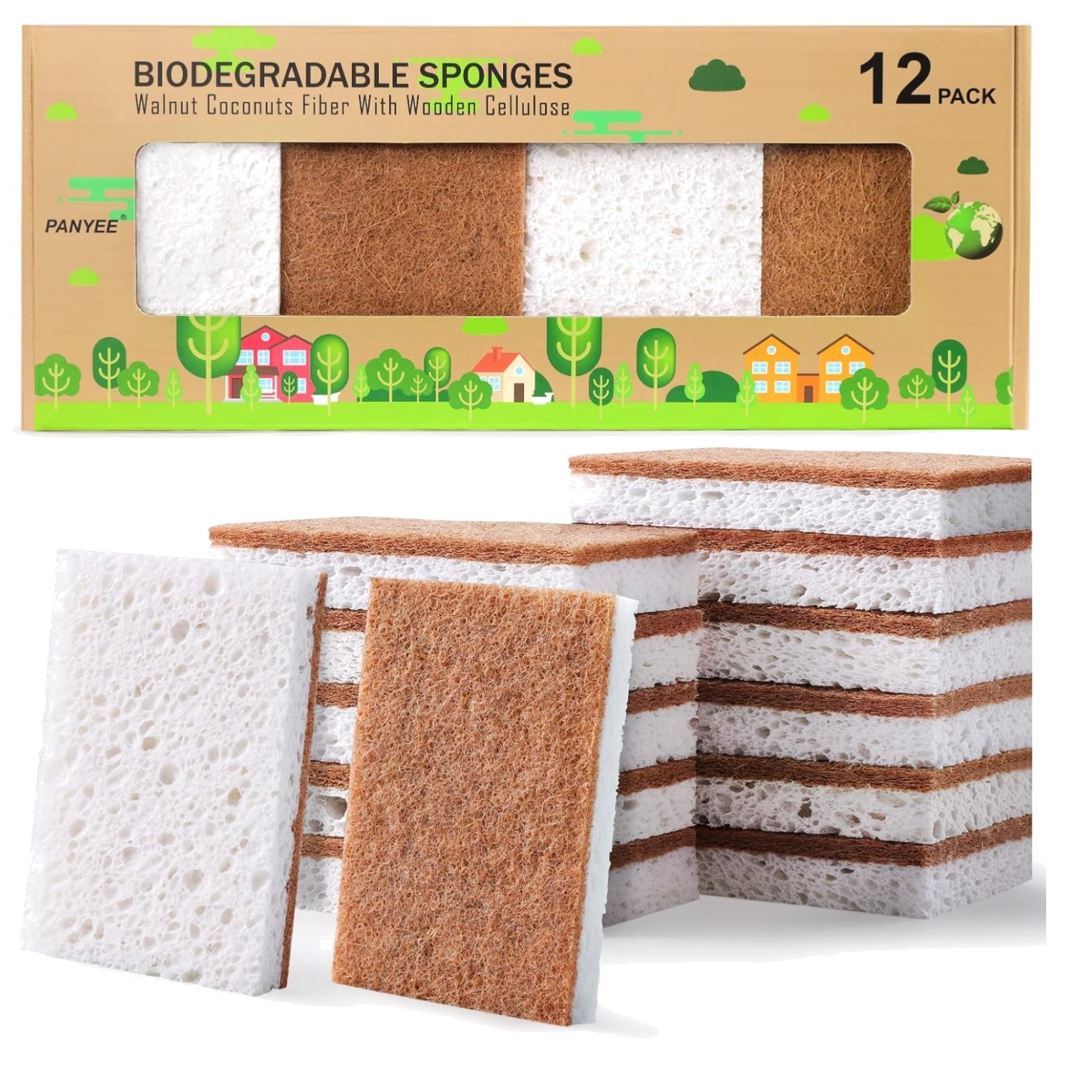 Biodegradable Natural Kitchen Sponge Pack of 12 Eco Friendly Plant-Based Scru…