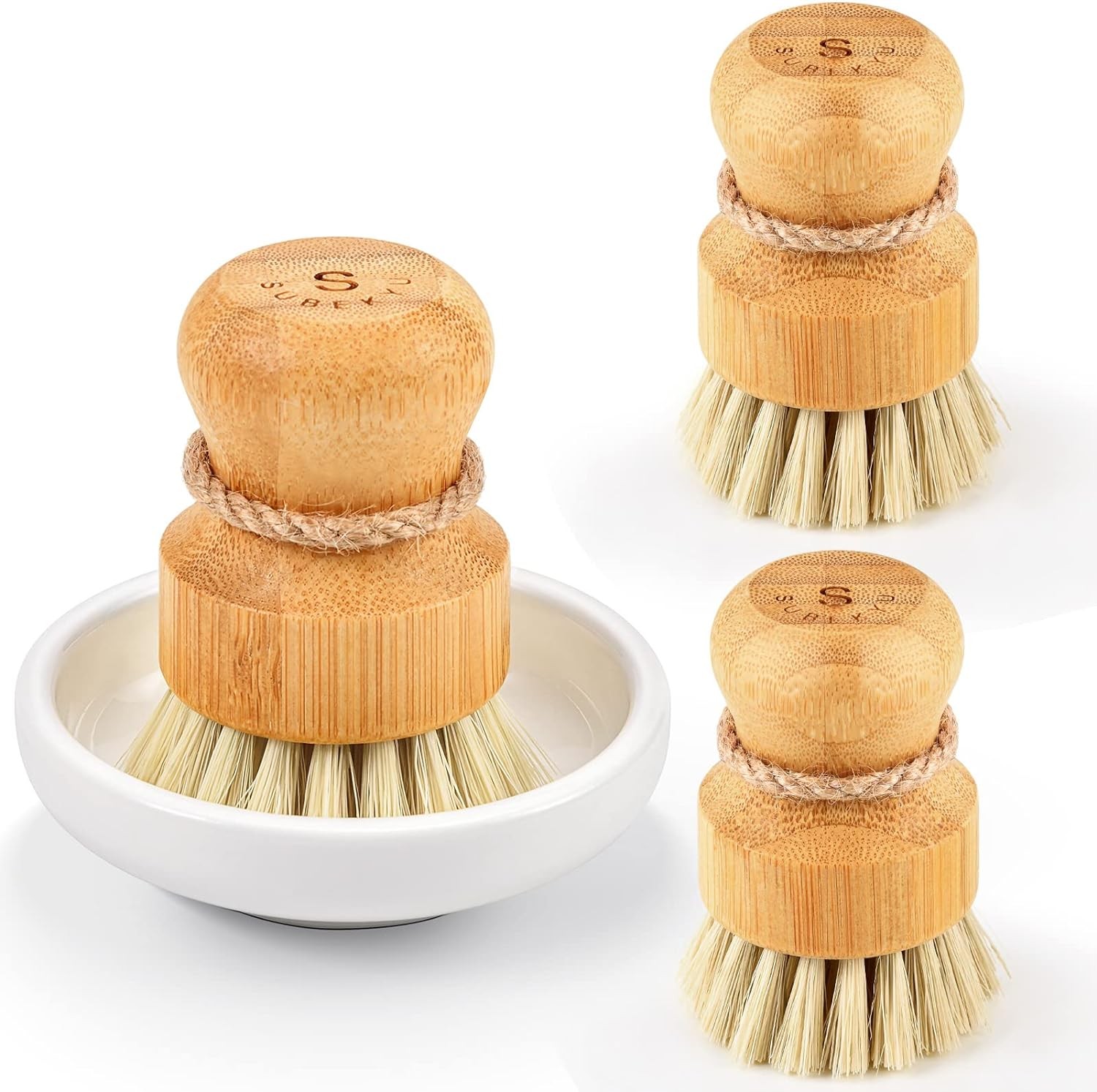 Kitchen Bamboo Cleaning Scrubbers Set of 3 Natural Sisal Bristles for Pot Pan