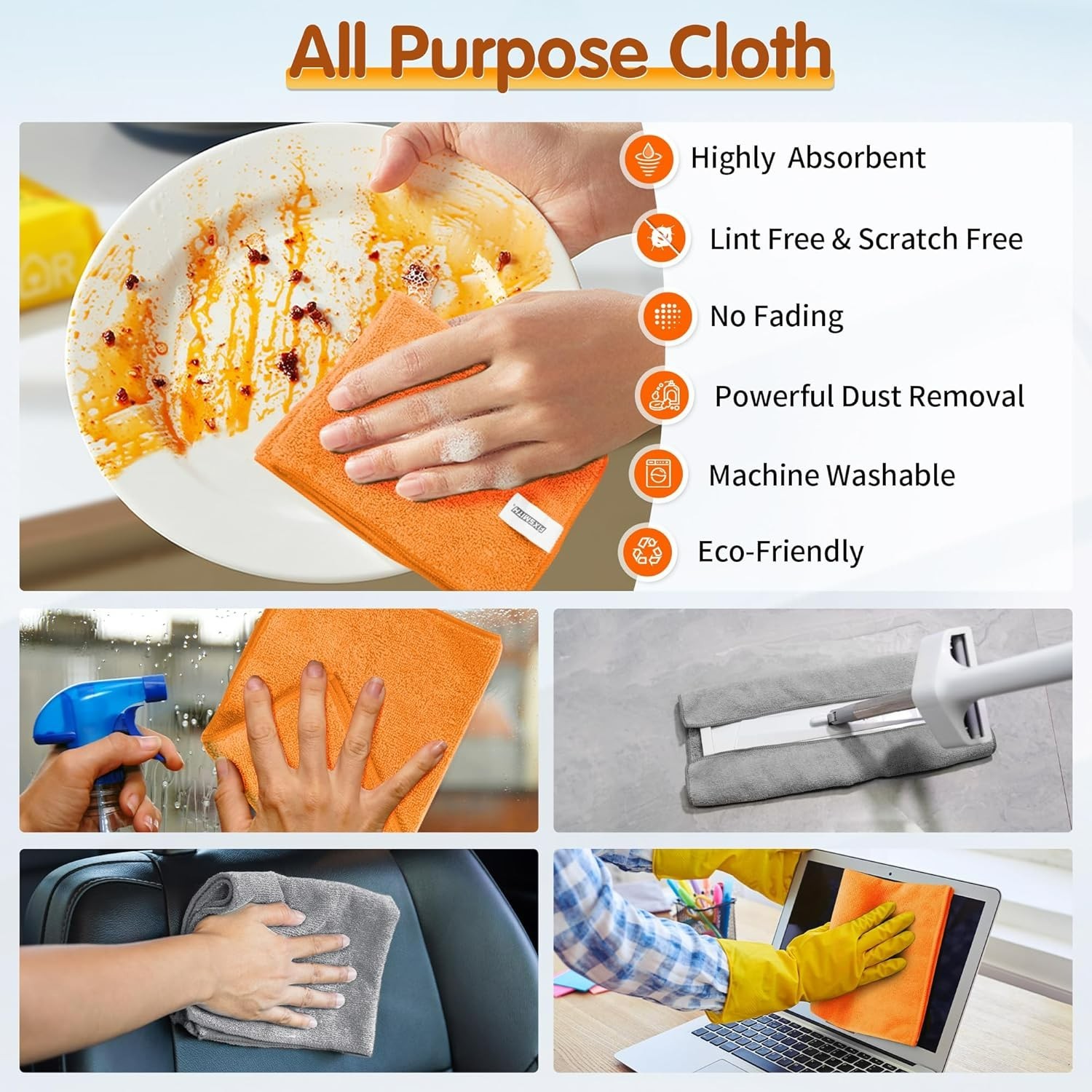 Microfiber Cleaning Cloth -Pack of 12, Highly Absorbent Cleaning RagsGrey&Ora…