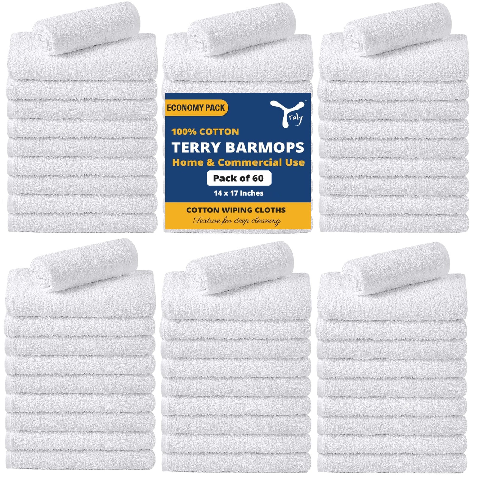 Terry Bar Mop Towels (Pack of 60) – Absorbent and Quick Drying Commercial-Gra…