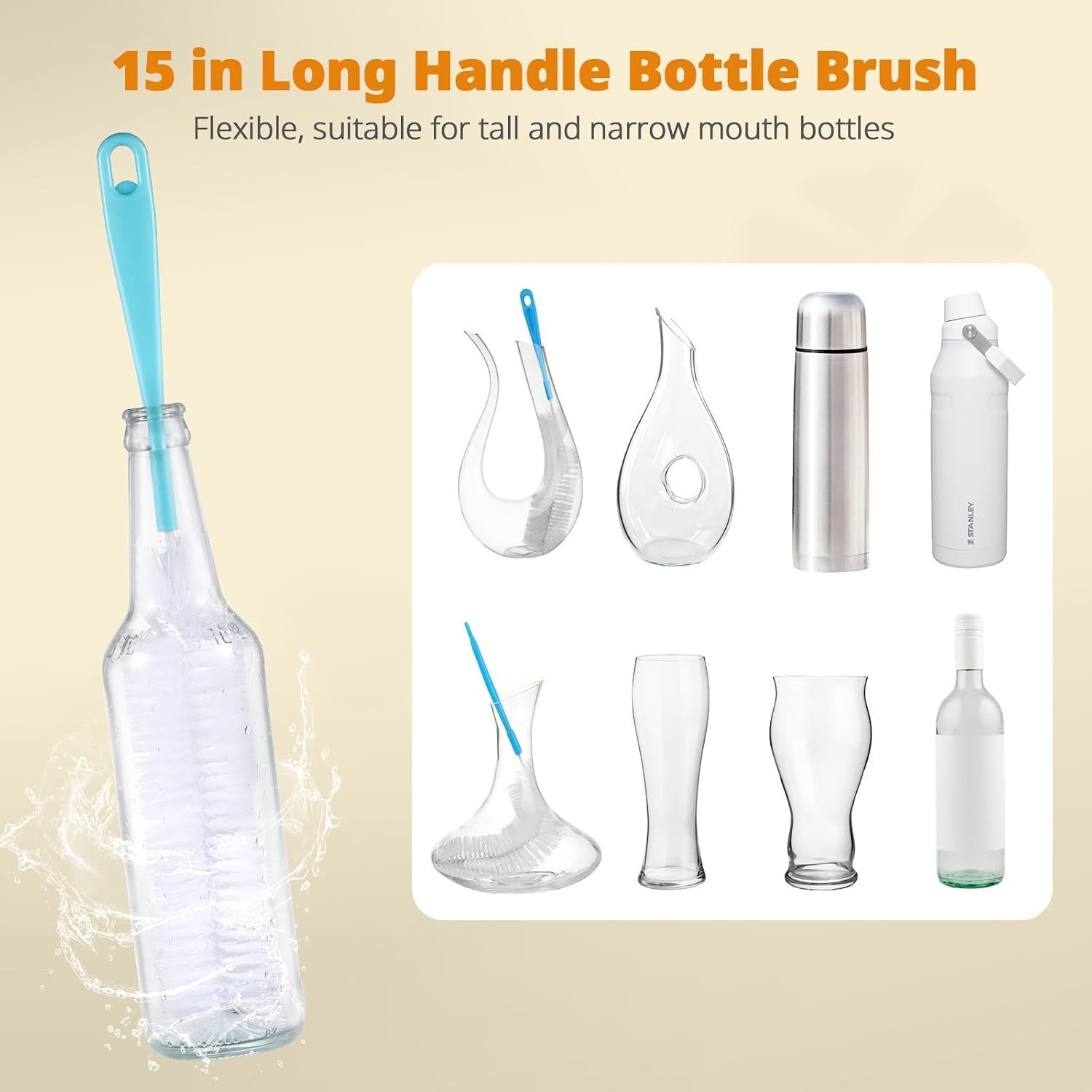 5 Pack Bottle Brush Set, 5-in-1 Water Bottle Cleaner Brush, 15″” Long Handle