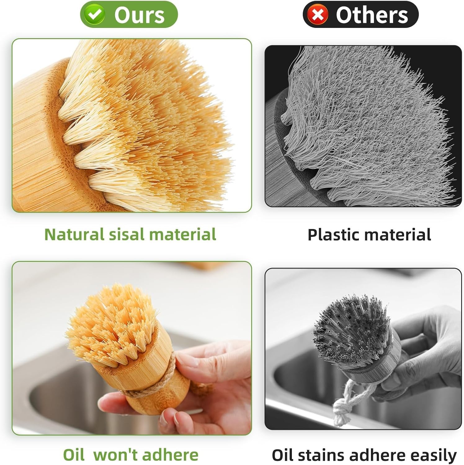 Stylish Bamboo Dish Scrub Brushes with Natural Sisal – Efficient Clean, Set of 2