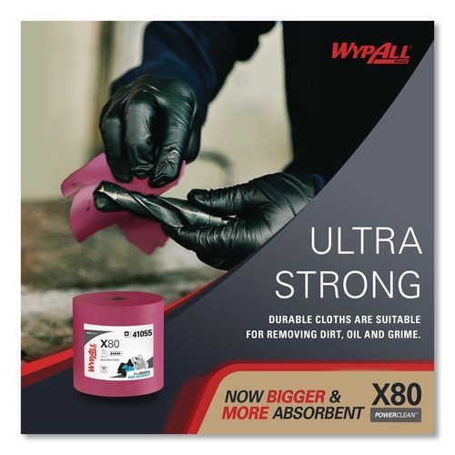 WypAll X80 Heavy Duty Cloths, Jumbo, Perforated,12.4×12.2, Red, 455 Wipers/Roll