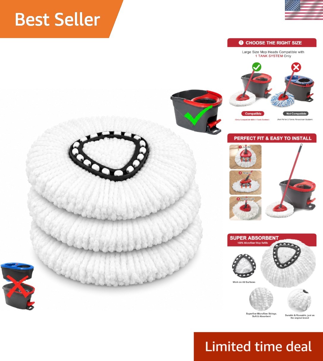 High-Quality Microfiber Mop Head Replacements for 1-Chamber O-Cedar Mops