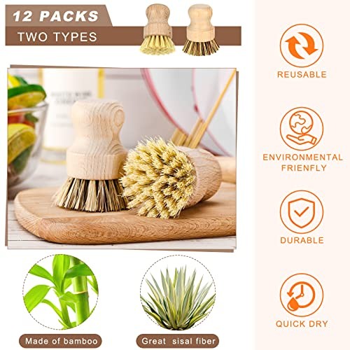 12 Pcs Bamboo Dish Brush – Wooden Scrubber Sisal Bristle Kitchen Wood Brushes