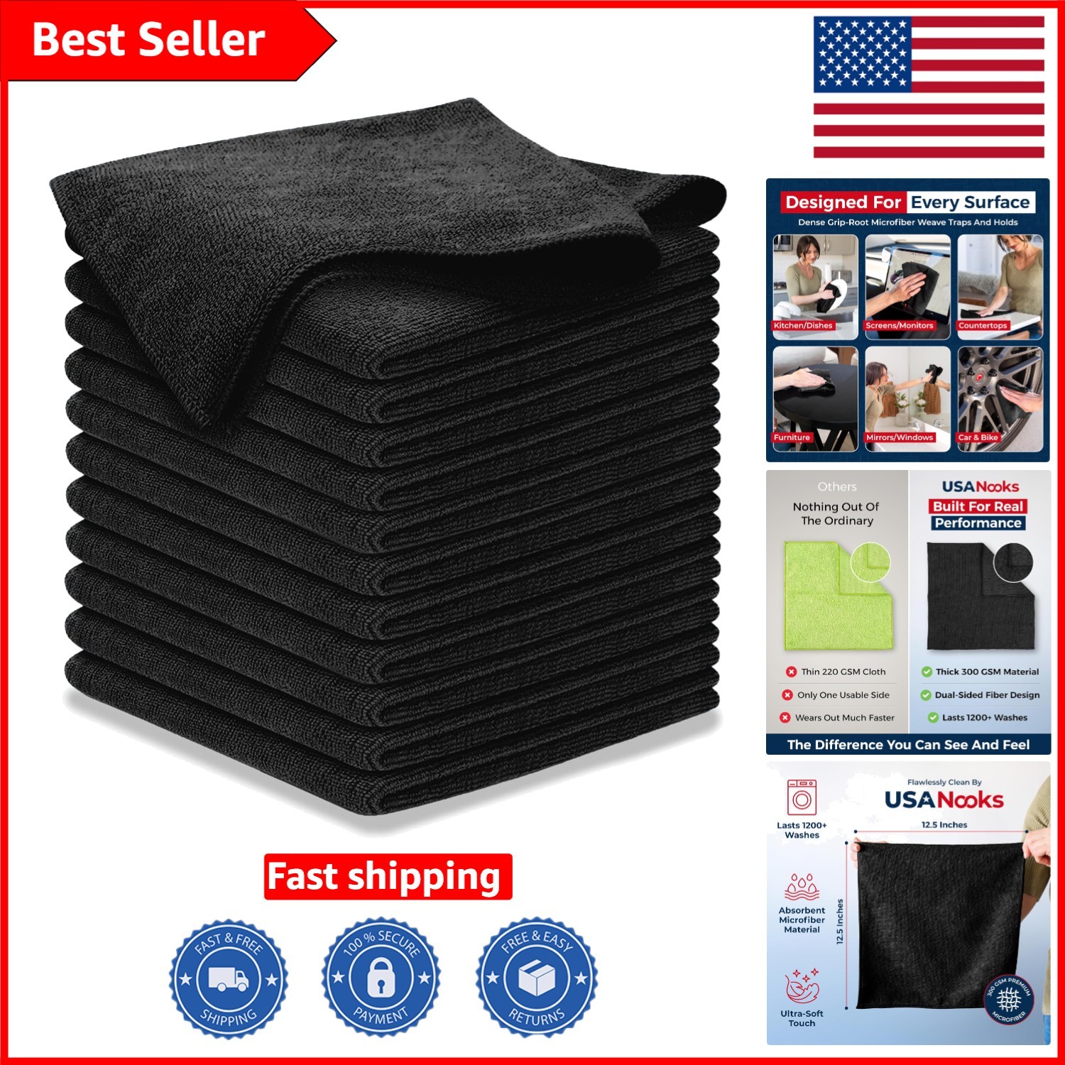Grip-Root Weave Microfiber Cleaning Cloths – 1200 Washes, 12-Pack Elite Towels