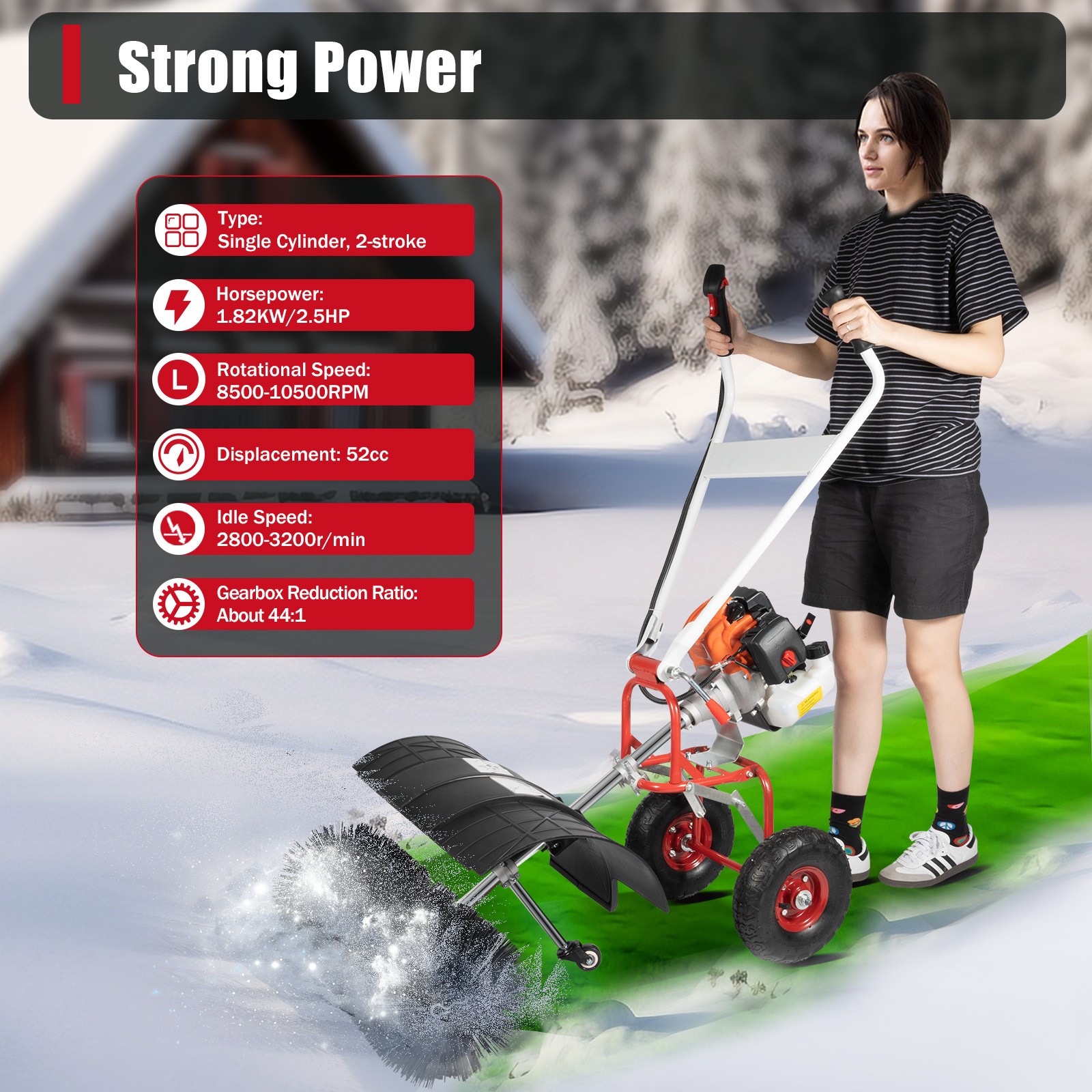 Walk Behind 52cc Power Broom Snow Driveway Sweeper Cleaner Artificial Grass USA~