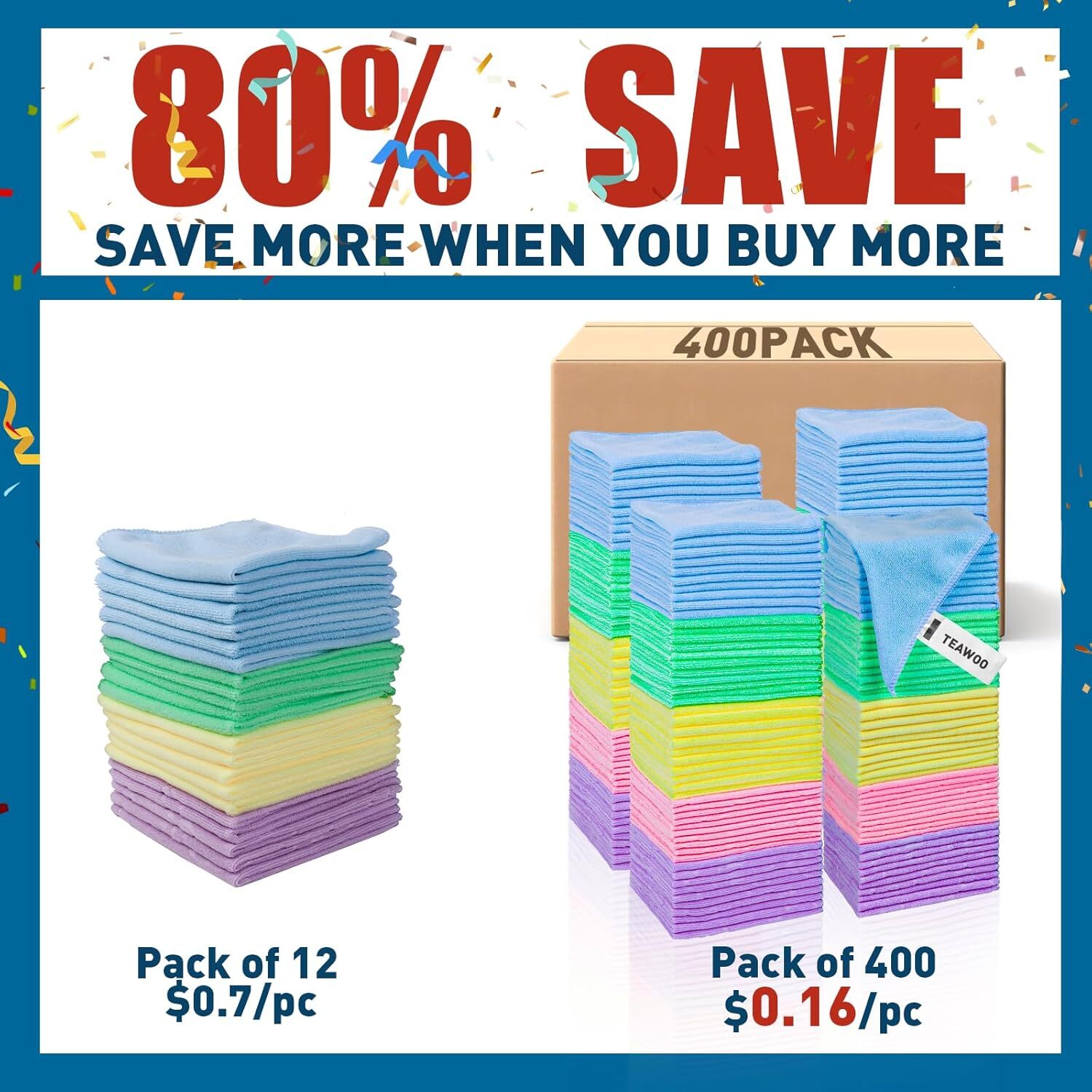 400 Microfiber Towels for Cars – Bulk Cleaning Cloths, Assorted Colors, 12″x12″