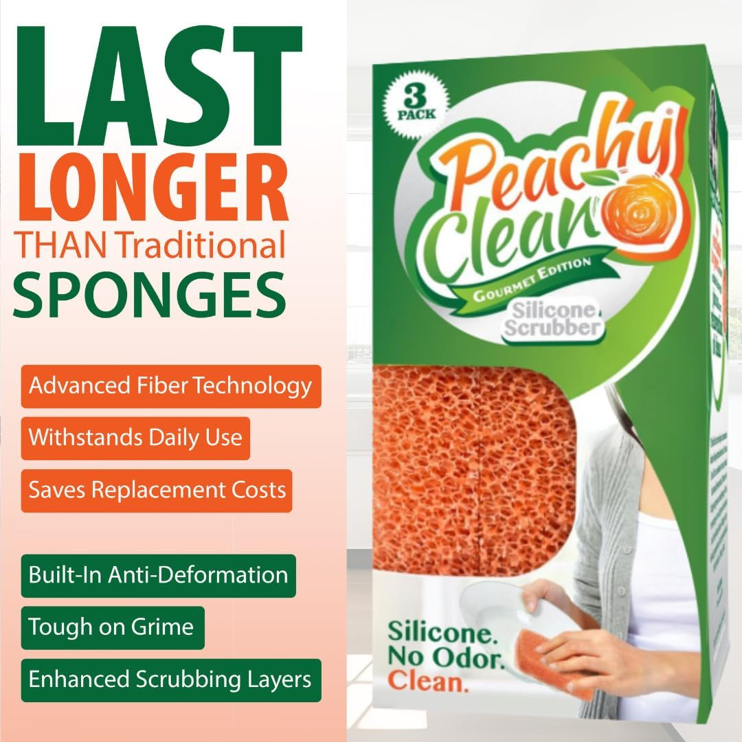 Silicone Dish Sponge Scrubbers, Fresh Peach Scent, Non-Scratch, Odor-Resistant,