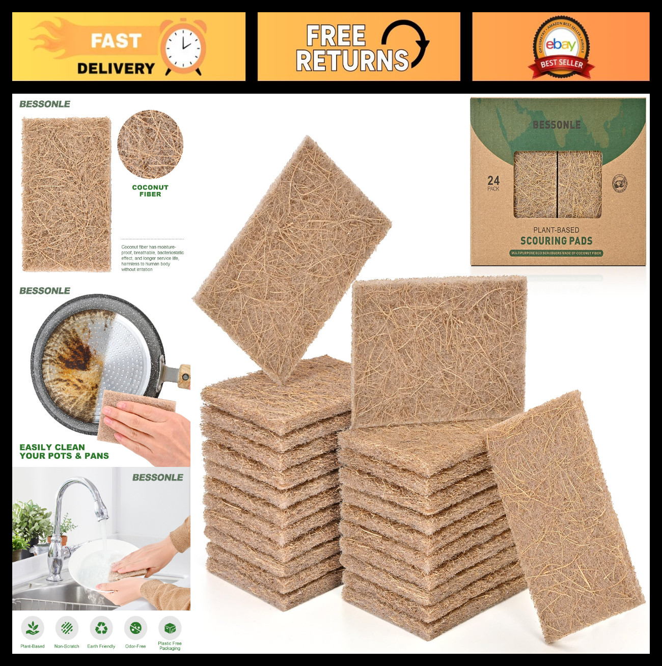 24 Pack Eco-Friendly Heavy Duty Scouring Pads – Non-Scratch, Reusable Sisal Spon