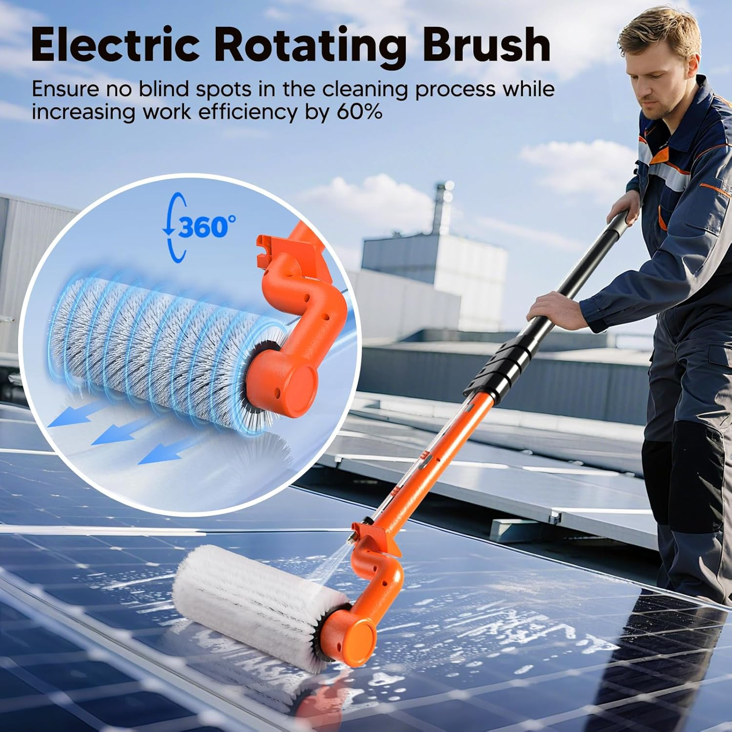 Electric Solar Panel Cleaning Brush and Pole, 20FT Telescopic Cleaning Roller Br