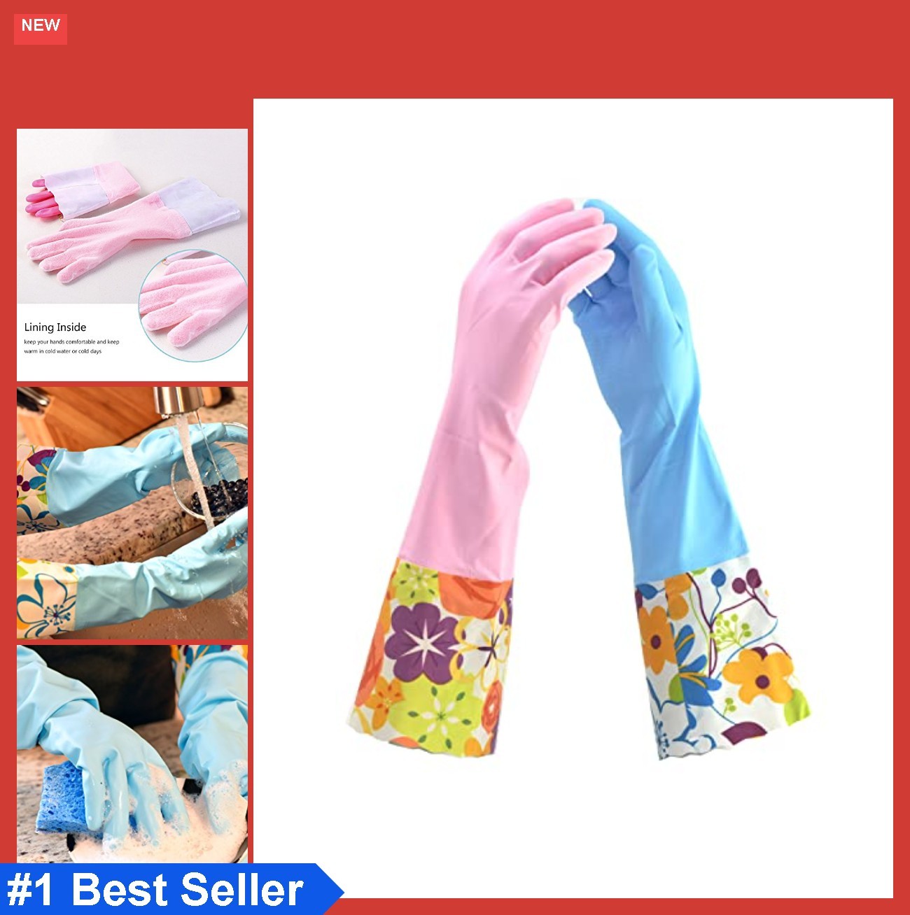 2 Pairs Household Cleaning Gloves Latex Free 15 Inch Long Cuff Soft Lining Pink