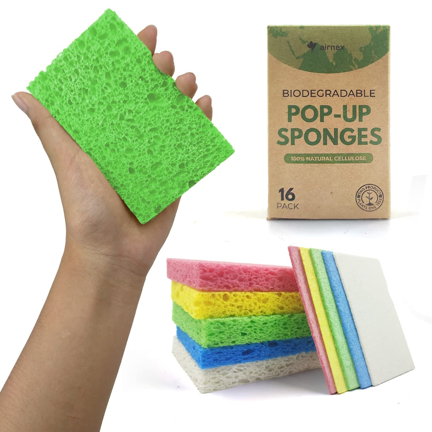 AIRNEX Compressed Cellulose Sponges 16 Pack Natural Pop Up Dish Sponge for