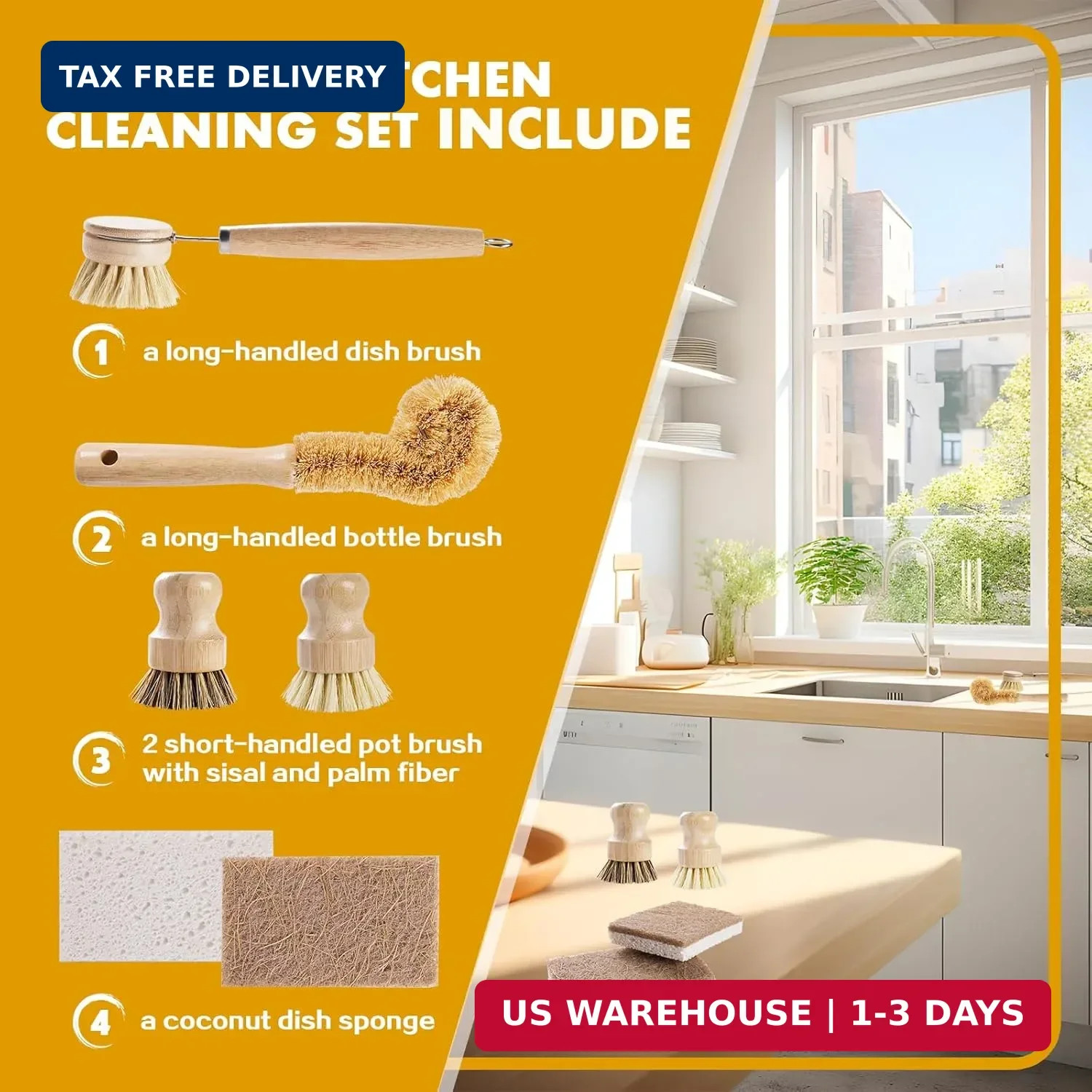 Bamboo Kitchen Cleaning Brush Kit with Sisal Palm Fiber & Coconut Sponge