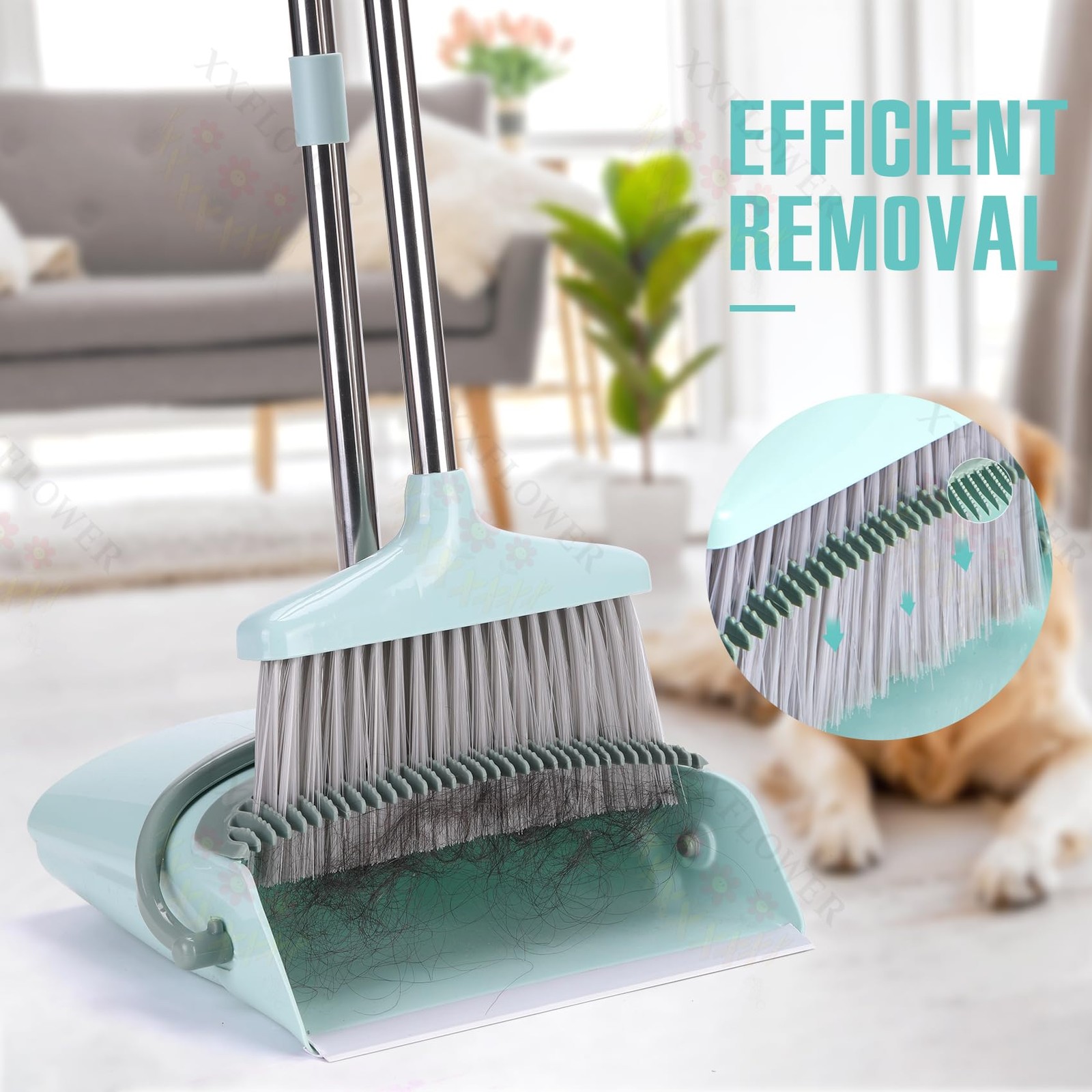 Broom and Dustpan Set with Cleaning Teeth, 55″ Long Handle Indoor Sweeping Co…