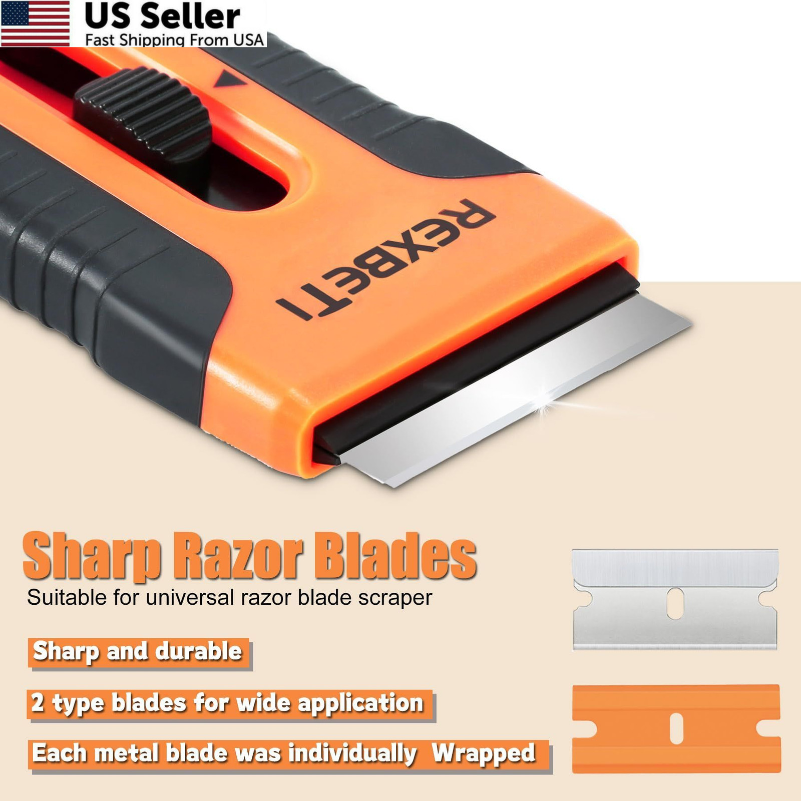 REXBETI Razor Blade Scraper Tool, 2 Pack Set 2 Pack, Orange