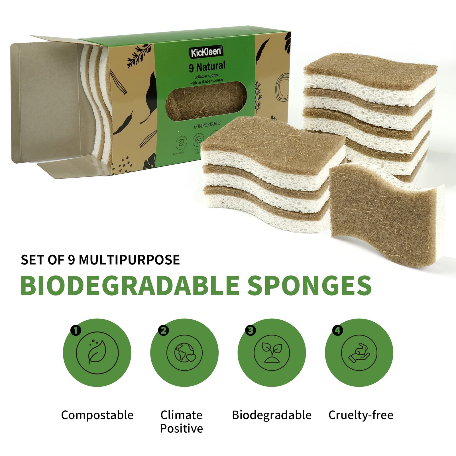 9 Pack Biodegradable Natural Kitchen Sponge Compostable Cellulose and Coconu…