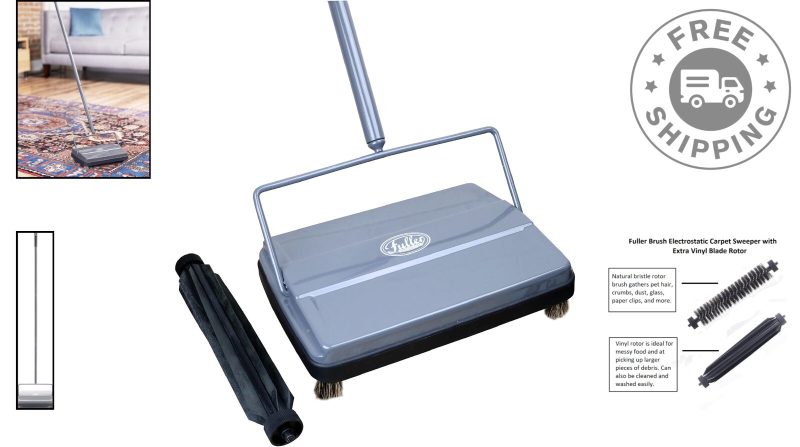 Durable 9″ Electrostatic Carpet Sweeper with Extra Rotor – Lightweight Design