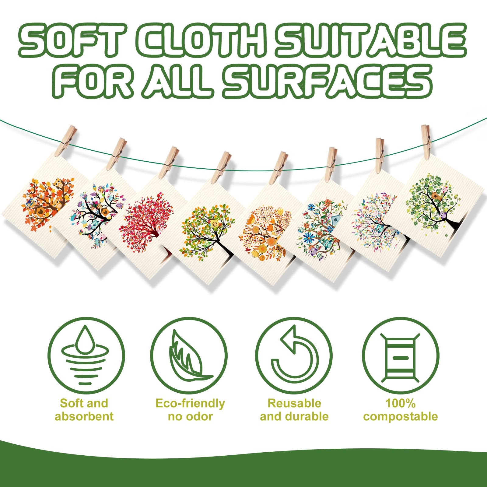 8 Pieces Swedish Kitchen Dishcloths Mixed Trees Owls Washable Reusable Sponge…