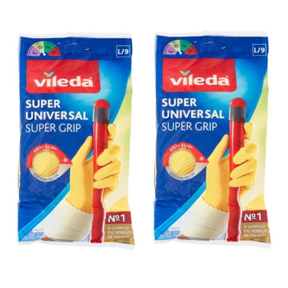 2 pairs x Vileda Easy Grip Rubber Gloves Waterproof, Non-Slip, Yellow – Size L