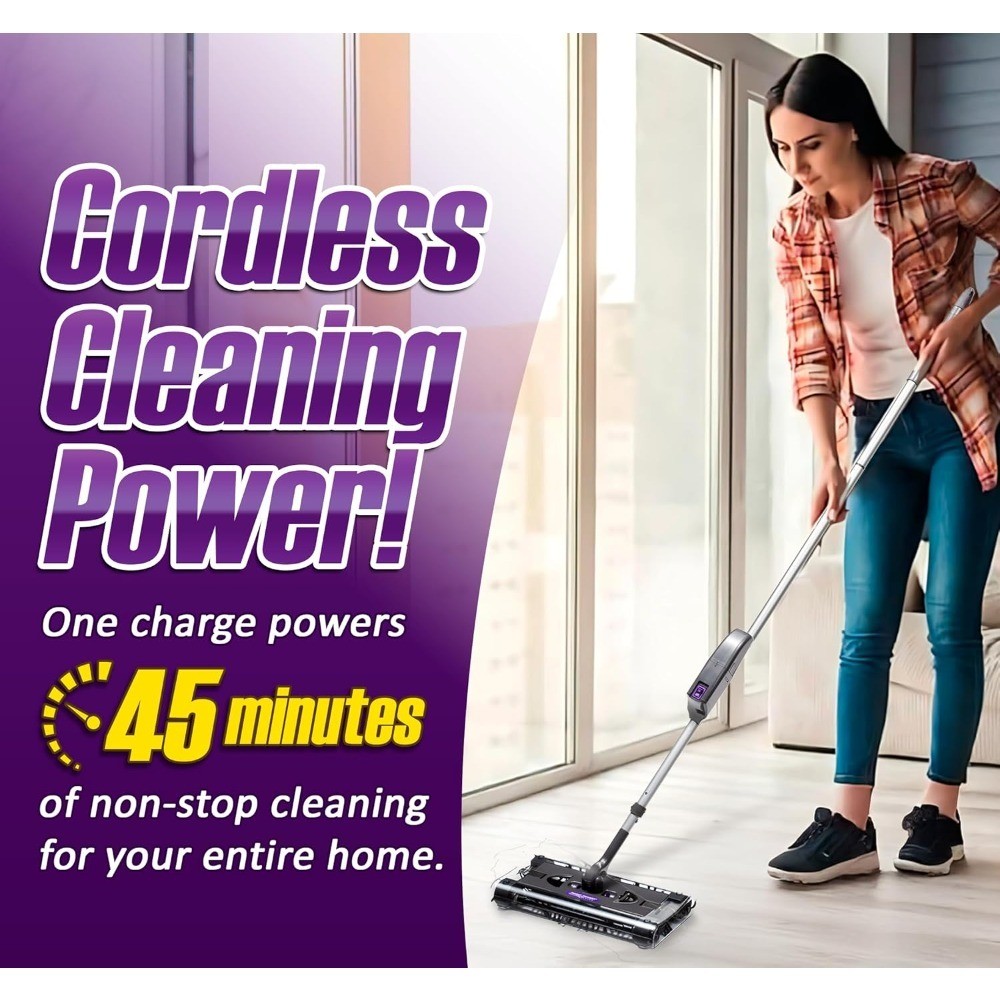 Cordless Electric Floor and Carpet Sweeper with Rotating Brush for Efficient