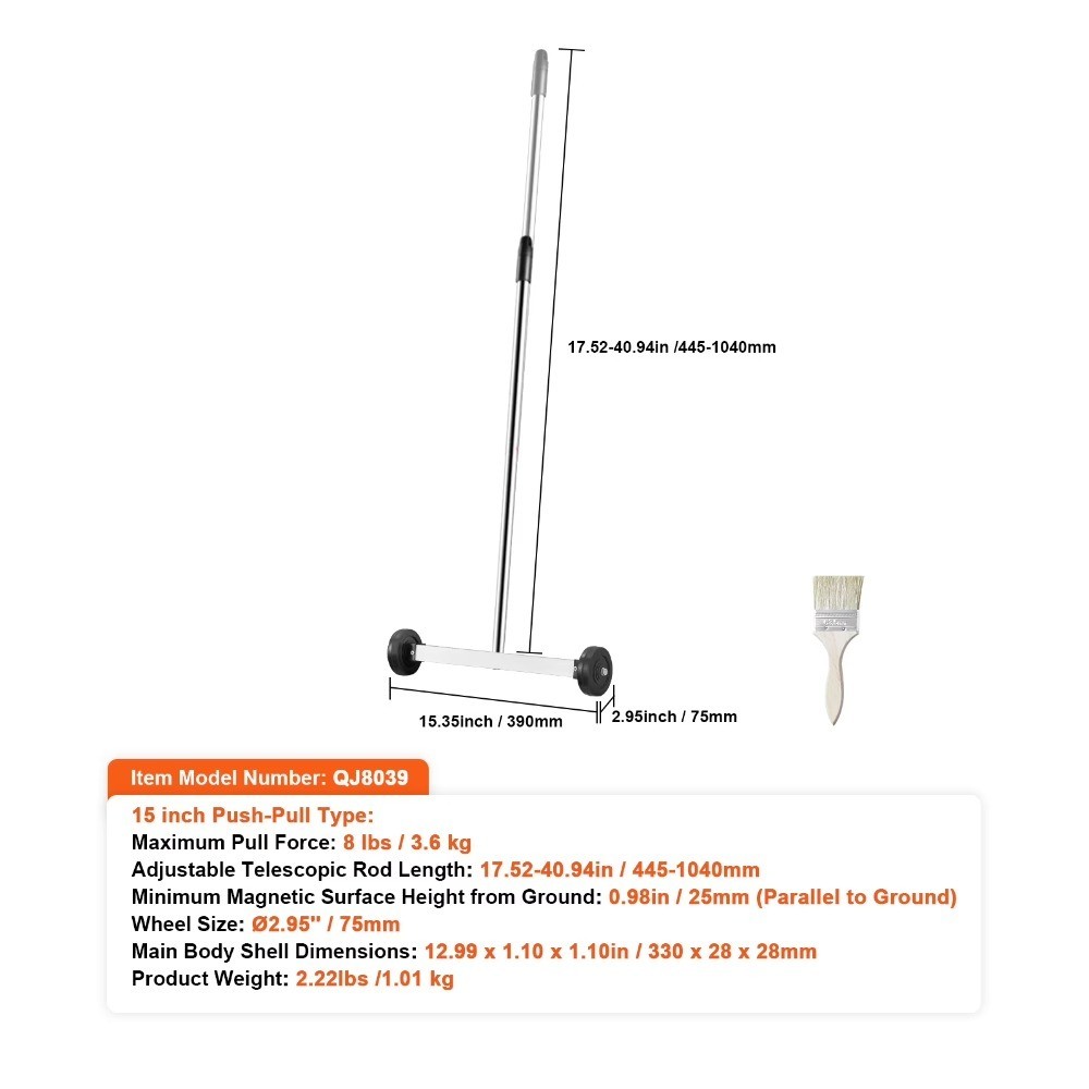 Telescopic Magnetic Broom with Rolling Wheels 15 Inch Compact Portable Magnet