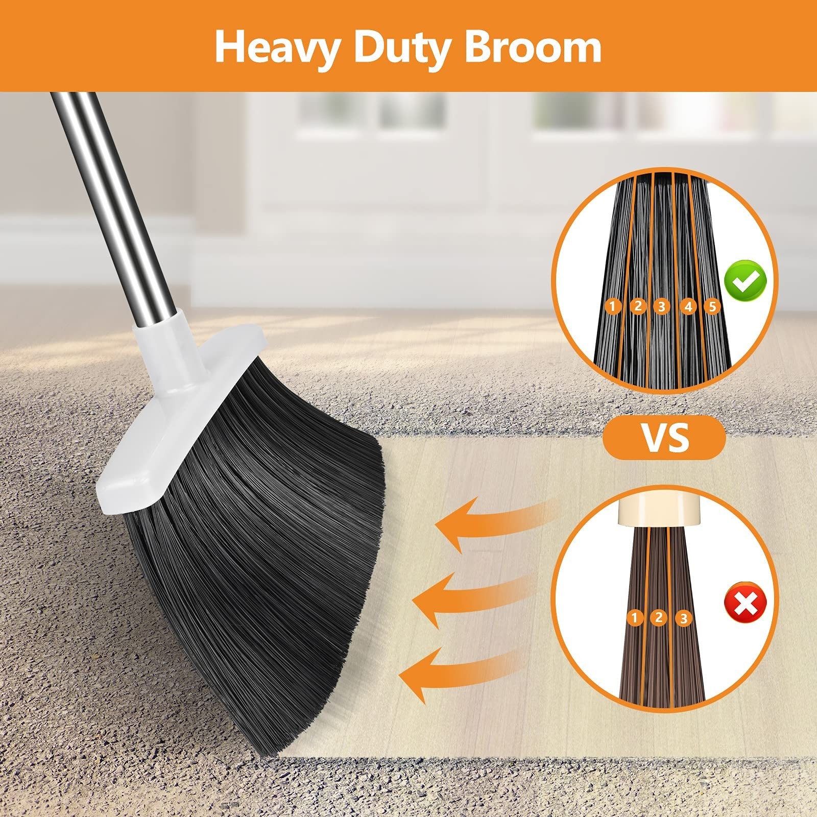 Heavy Duty Broom and Dustpan Set | 51″ Long Handle, Self-Cleaning, Indoor Outdoo