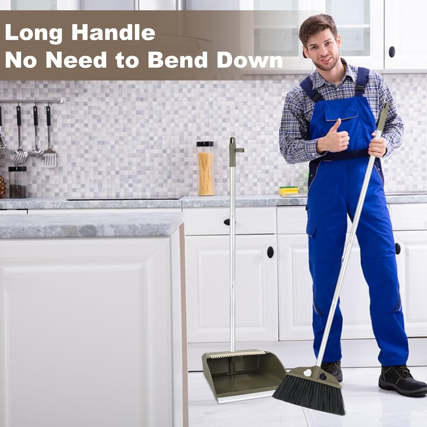 Upgrade Broom with Dustpan Combo Set,48” Long Handle Stiff Broom Bristles