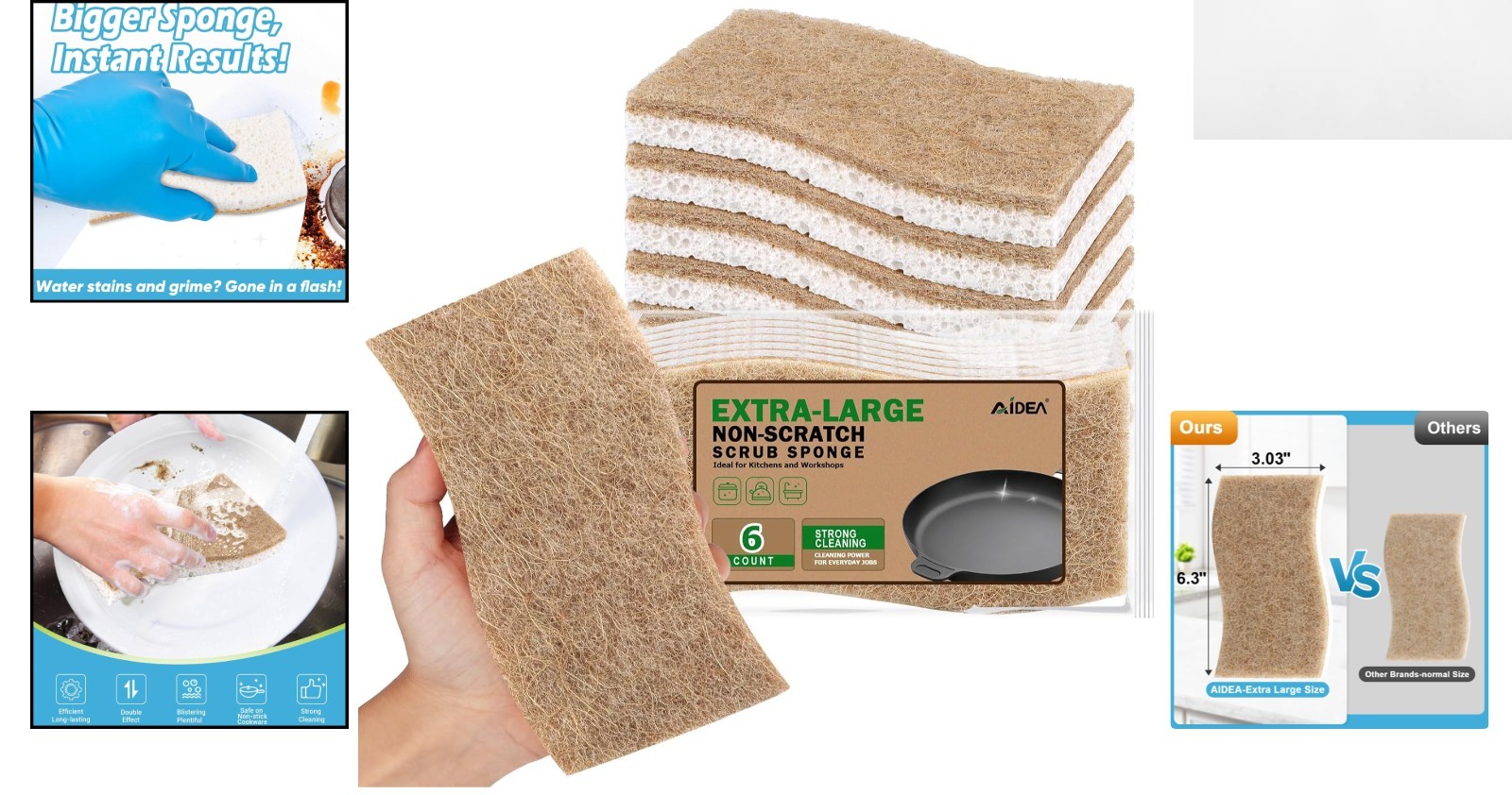 XL Non-Scratch Scrub Sponges – 6 Count Eco-Friendly Cellulose Kitchen Cleaning
