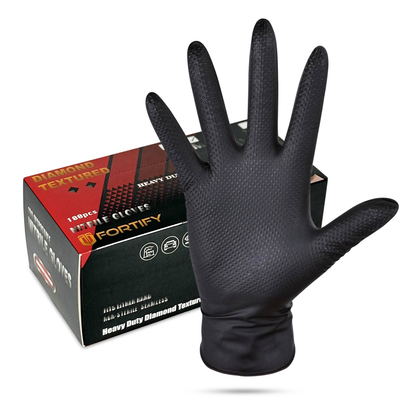 Fortify Diamond Textured Nitrile Gloves – 7mil Heavy Duty, foodsafe (L) Black