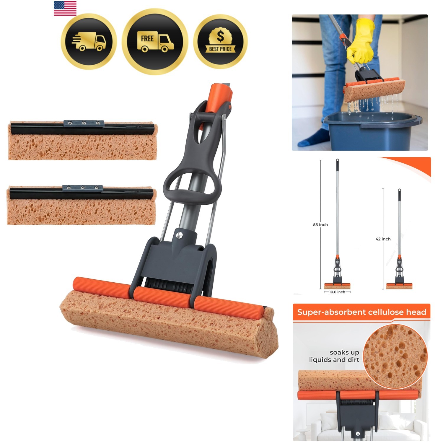 Floor Cleaning Sponge Mop with 2 Refills Long Handle Light Weight Durable