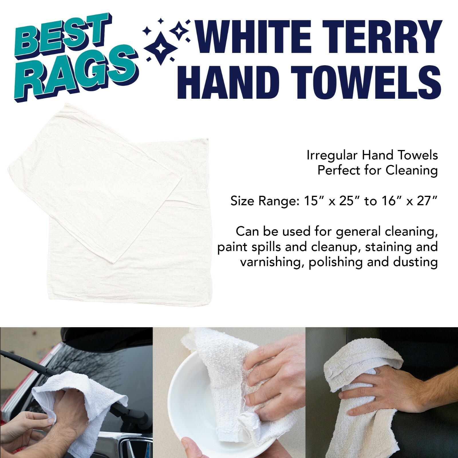 Terry Hand Towel Rags, Bulk Options, White Multipurpose Cleaning Cloth Wipers
