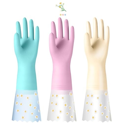 Reusable Rubber Cleaning Gloves for Medium (Pack of 3) Assorted Colors