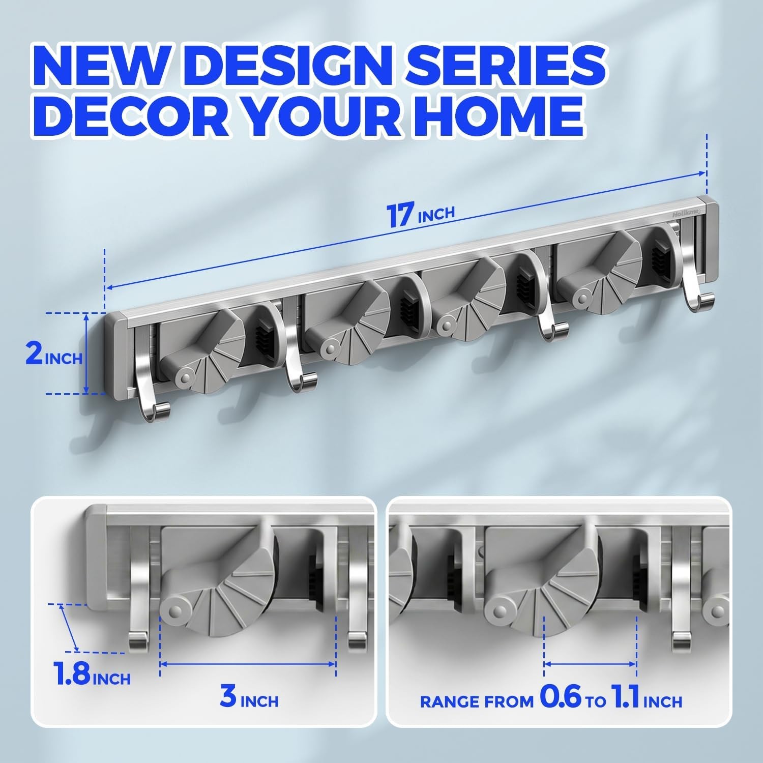 Holikme Mop Broom Holder Wall Mount 4 Hooks Metal Tool Organizer Garage Kitchen