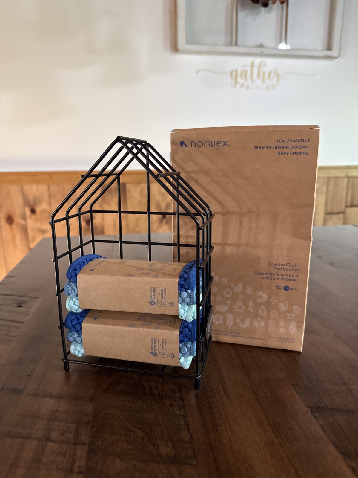 Norwex Counter Cloth & Box Set Brand New Wire House Holder – Teal/Sea Mist/Blue