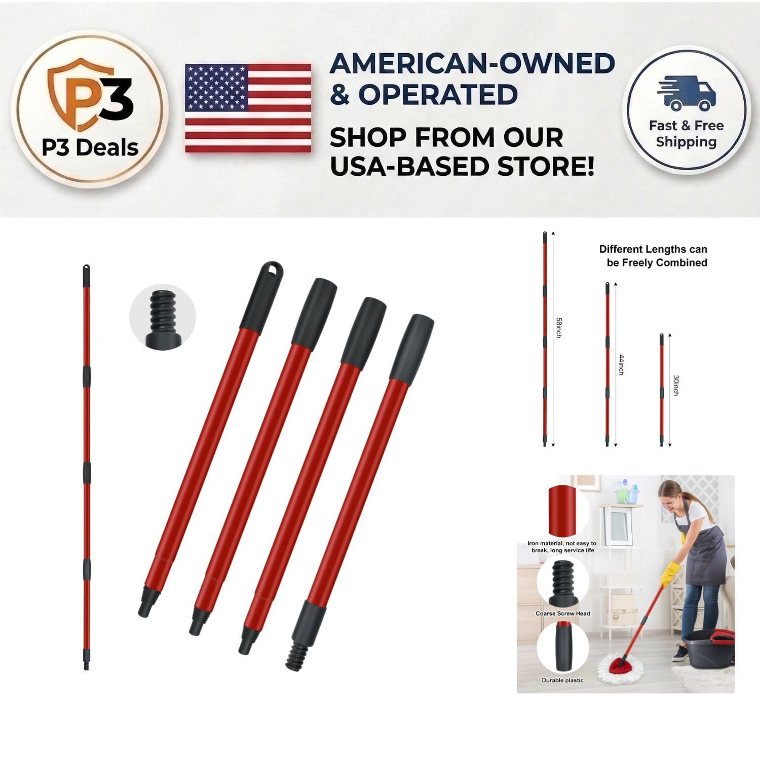 Easy Install 4-Section Mop Handle Replacement for O-Cedar, 30 to 58 Inches
