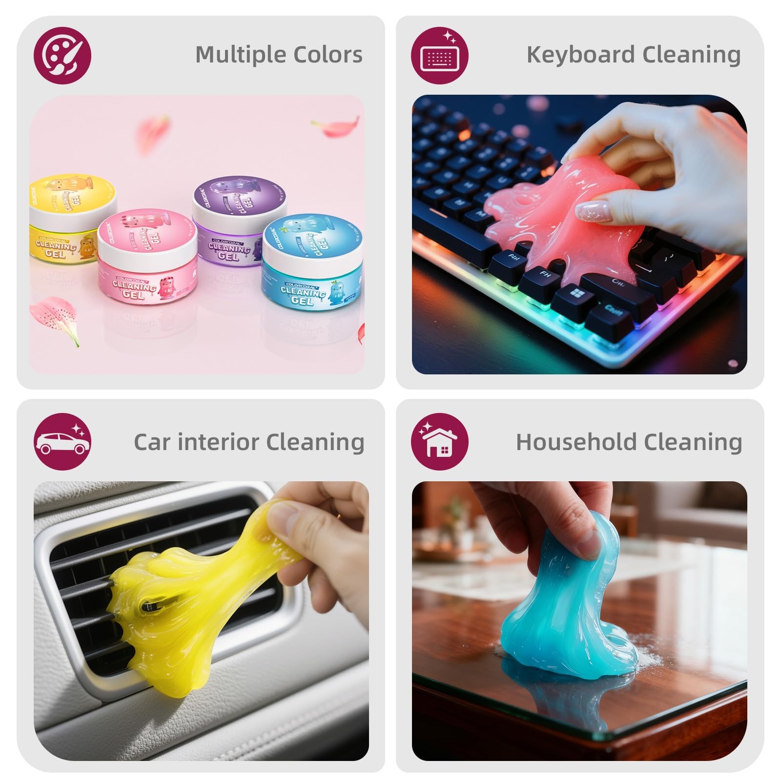 Car Cleaning Gel Reusable 3.5 Ounce (Pack of 4), Blue+Purple+Rose Pink+Yellow