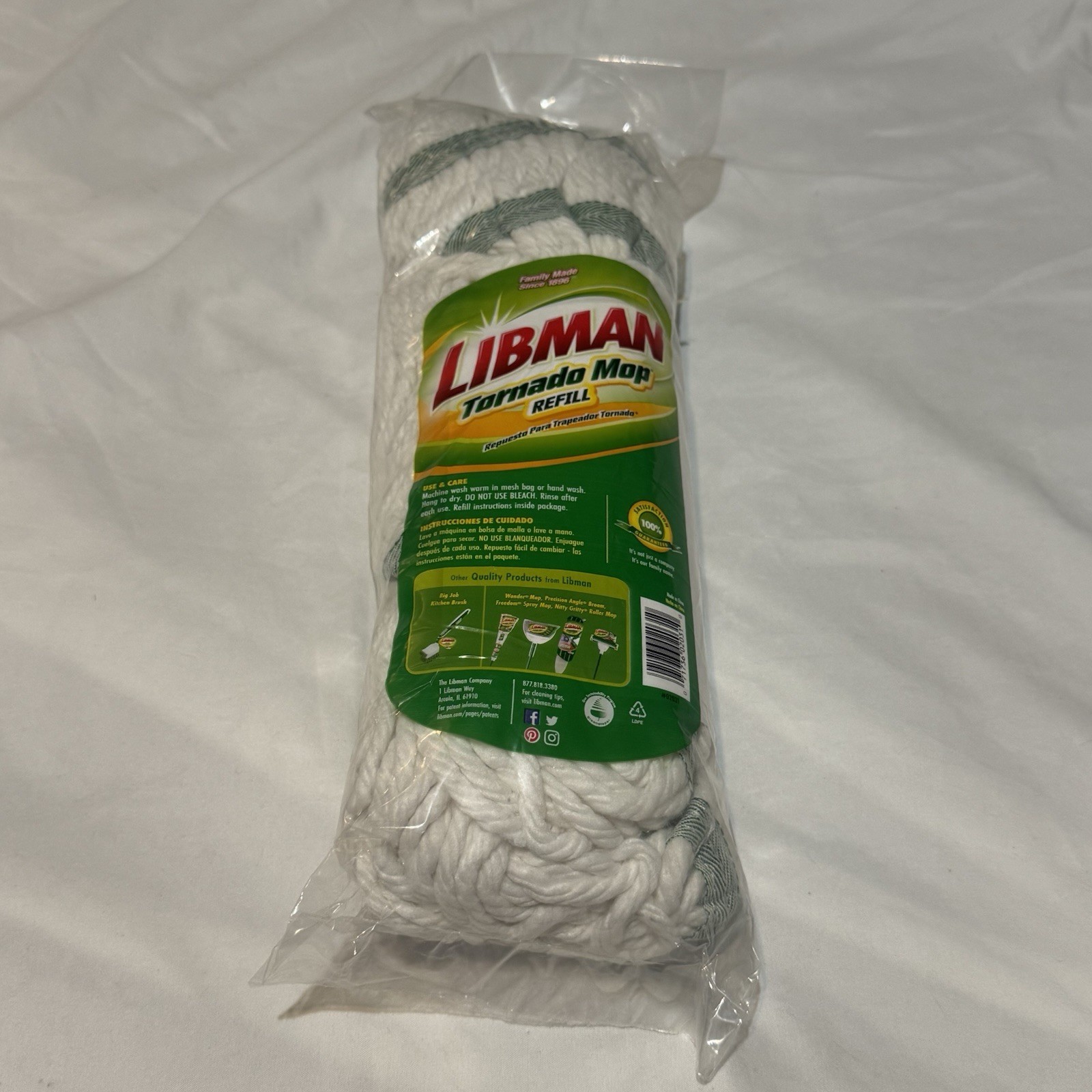 Libman Tornado Mop Refill White Cotton Blend Attachment Style Snap-On