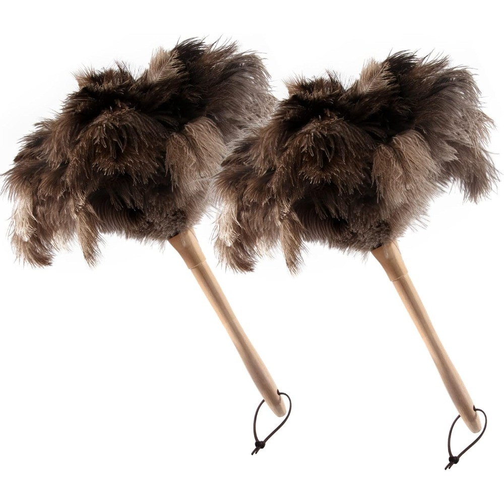 2PCS Ostrich Feather Duster 16 Inch Fluffy Natural with Wood Handle Reusable