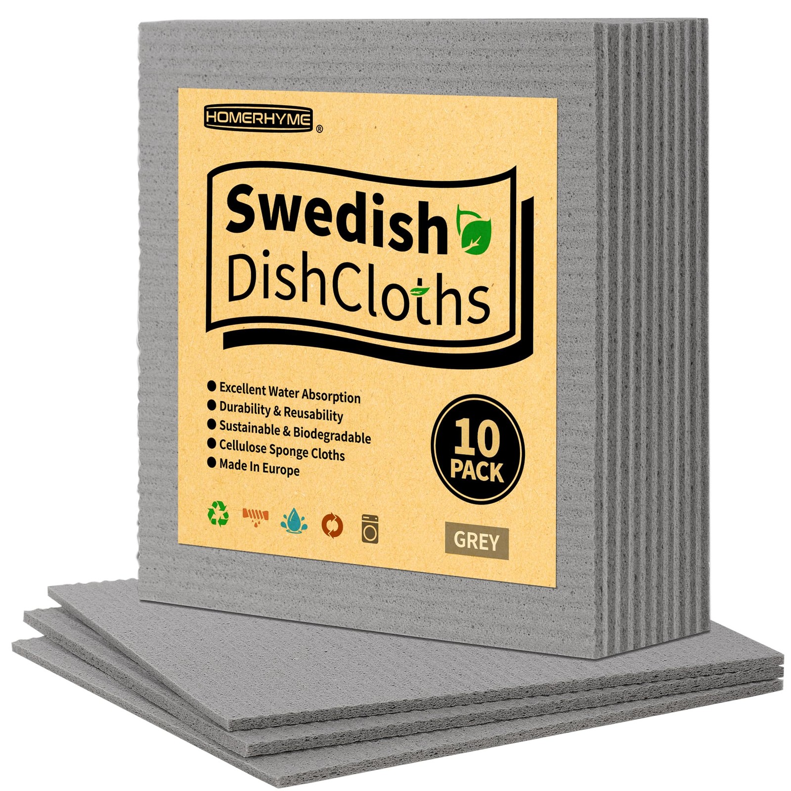 Grey Swedish Dishcloths, 10 Pack Absorbent Dish Towels for Kitchen, Multipurpose