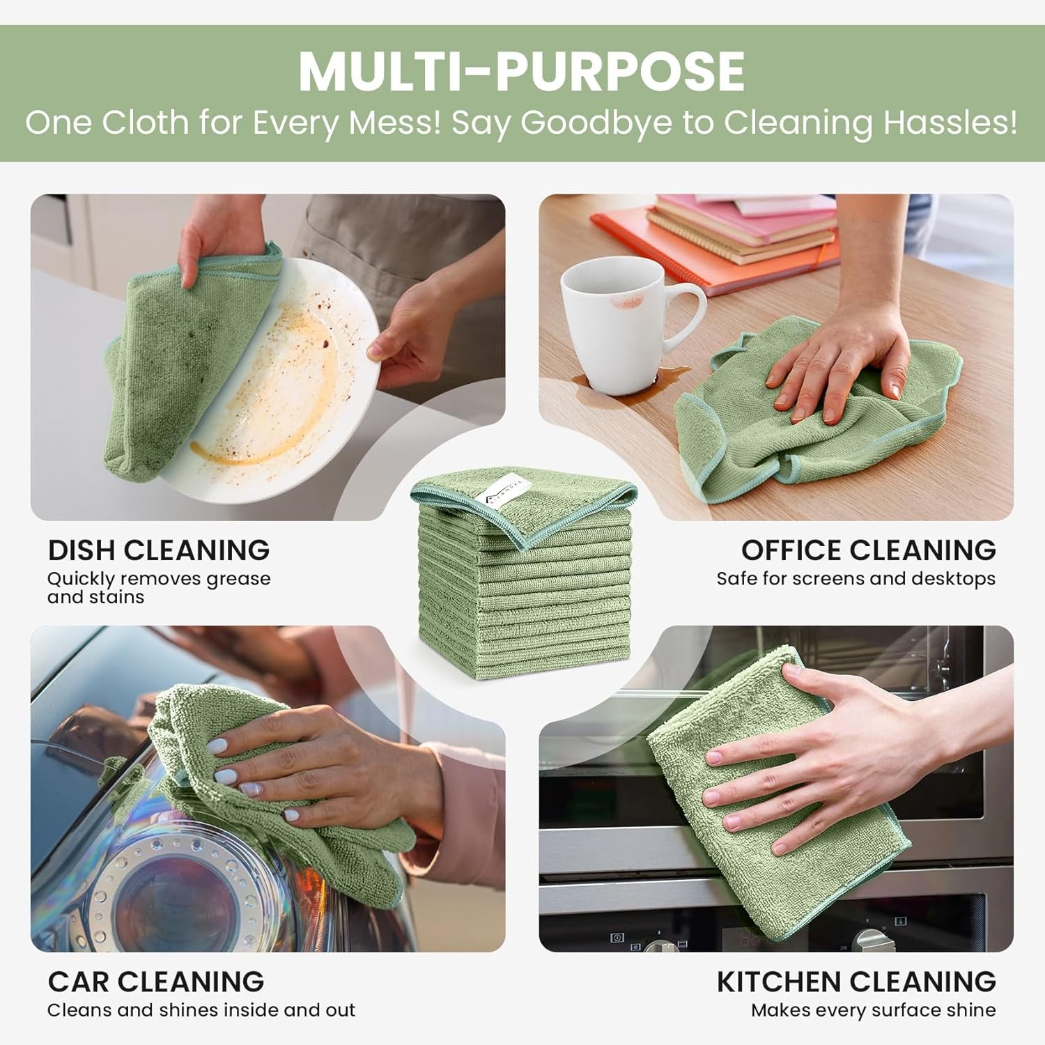 Microfiber Cleaning Cloth, 12 Pack Green Cleaning Rags for Housekeeping,