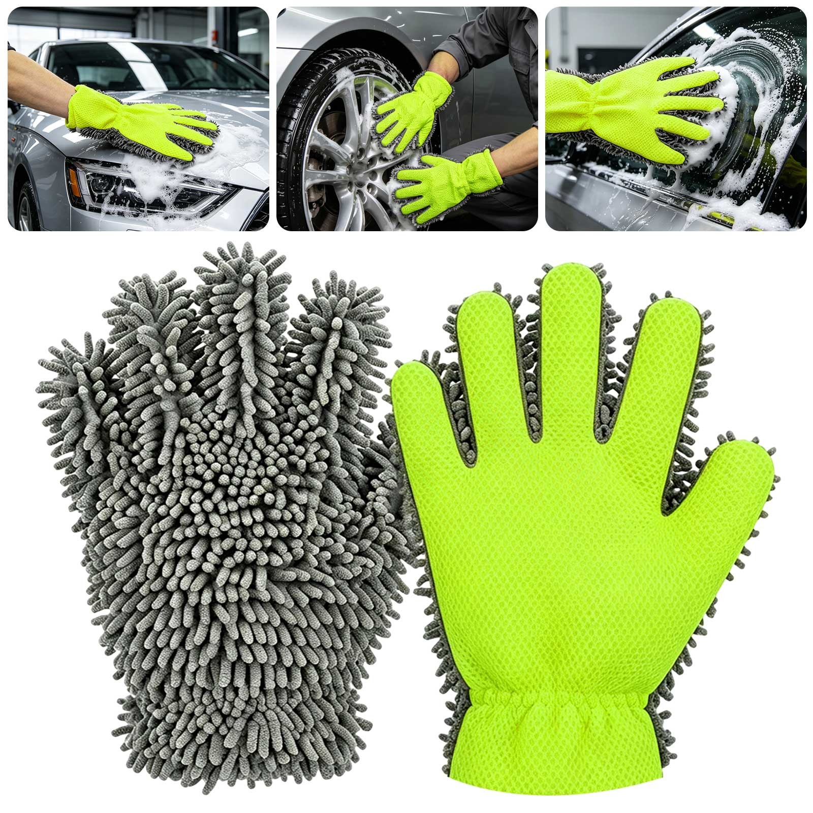 2 PCS 5-Finger Microfiber Wash Mitts Chenille Car Scratch Free Detailing Gloves