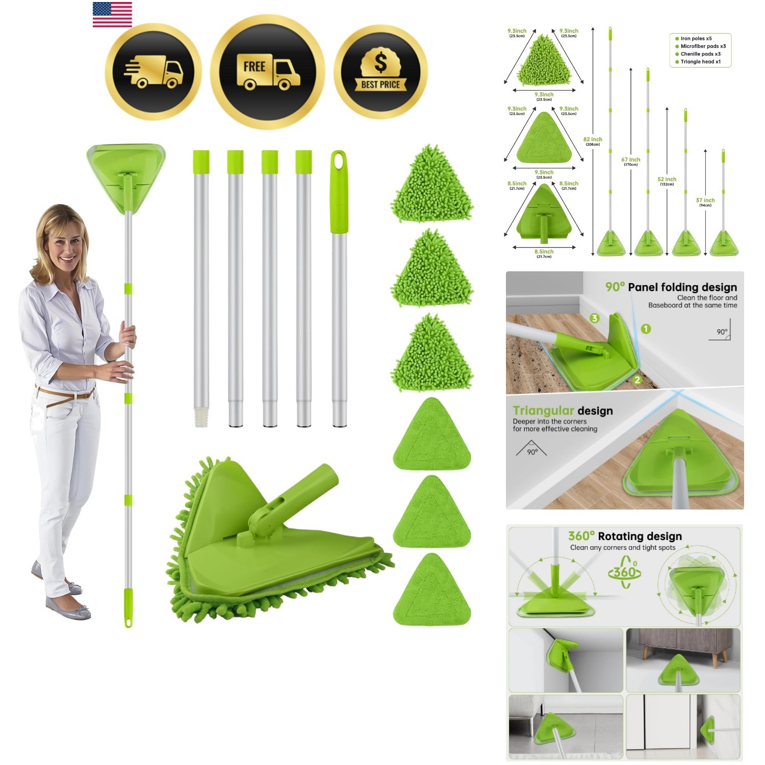Wall & Baseboard Cleaner Mop Tool with 82” Long Handle, 360 Degree Rotating …