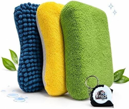 Reusable Microfiber Cleaning Household Wash Sponge 3 Pack with Measuring Tape